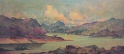 Mountainous Landscape Loch Maree Scotland with Boats Serene Antique Oil Painting