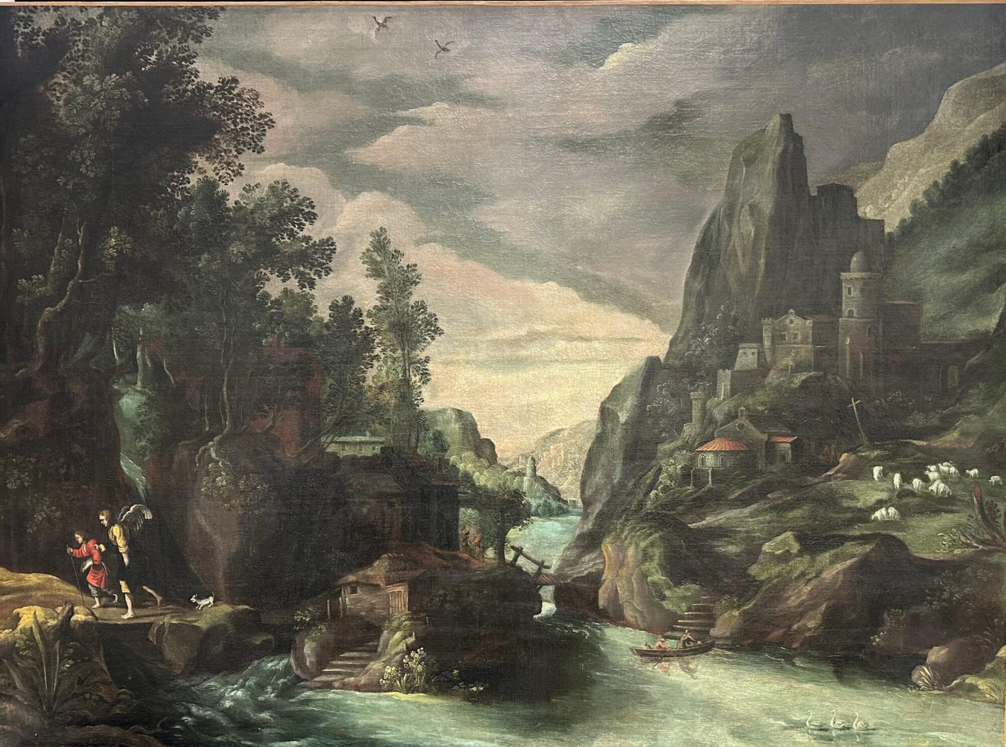 Huge 1600's Flemish Old Master Oil Painting Tobias & The Angel Baroque Landscape