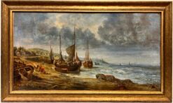 1800-1899 French Signed Oil Coastal Marine Seascape Fisherfolk on Beach
