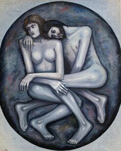 Huge 1900-1999 French Oil on Canvas - Adam & Eve Grey Black & White Oval