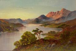 Antique Scottish Highlands Oil Painting Sunset over the Mountain Loch Waters