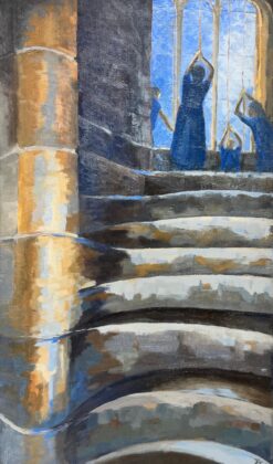 Modern British Oil Painting Bell Ringers in Church Interior, large original work