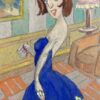 1960's French Portrait Posed Lady In Blue Dress Caricature
