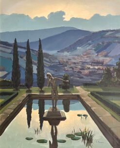 Tuscany Sunset Statue in Waterlily Pool overlooking Tuscan Hills - Signed Oil