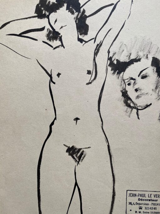 Mid 1900-1999 French Original Line Drawing sketch Nude Female - Stamped