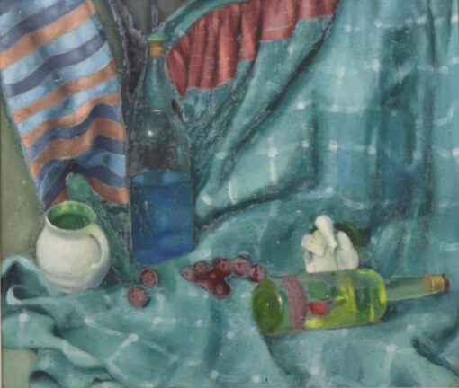 Interior Scene Still Life Teal Blue Fabrics with Bottles & Objects, English Oil