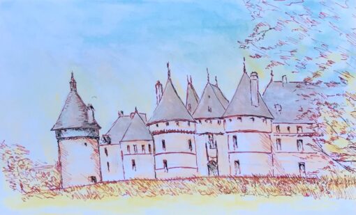 1950's Modernist/ Cubist Painting - Blue Skies Over French Chateau