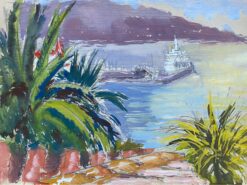 Mid 20th C. Irish Artist Watercolor Painting of Exotic Harbour In Spain