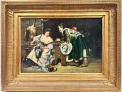 Antique Signed Oil Tavern Cook Plucking Bird Flirting with Cavalier, Gilt Frame