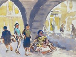Mid 20th C. Irish Artist Watercolor Painting of A Continental Marketplace