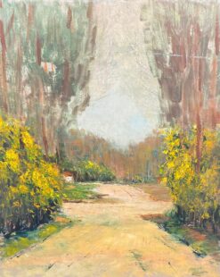 Large French Impressionist Vintage Oil Painting Golden Yellow Sunlit Pathway