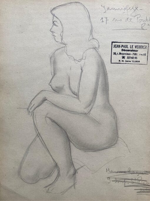 Mid 1900-1999 French Original Line Drawing sketch Nude Lady - Stamped