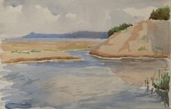 1900's English Impressionist Watercolor Painting Gentle Blue and Cream Seascape