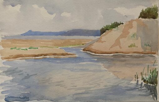 1900's English Impressionist Watercolor Painting Gentle Blue and Cream Seascape