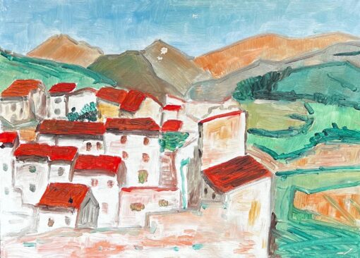 1950's Modernist/ Cubist Painting - Red Roof Green Landscape