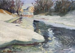 1940s Swedish Signed Oil Painting - Winter Snow River Landscape - Framed