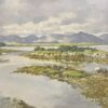 Signed Irish Oil Painting - Boggy Irish Lough Landscape Distant Mountain Range