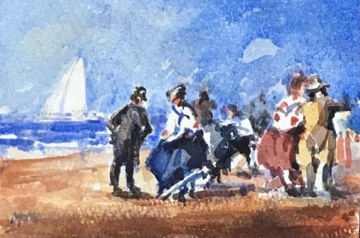 MAURICE MAZEILIE-FRENCH IMPRESSIONIST Watercolour - Sailors Meet At The Beach