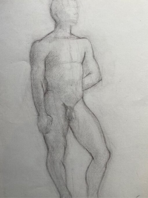 Mid 1900-1999 French Charcoal Drawing - Portrait of a Standing Nude Man