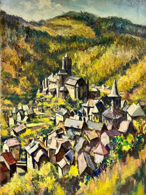 Huge French Post Impressionist Oil Painting Village in Mountaintop Landscape