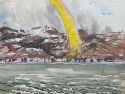 Mid 20th C. Irish Artist Watercolor Painting of Coastal Landscape with Rainbow