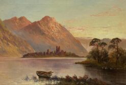 Kilchurn Castle Loch Awe, Antique Scottish Highlands Sunset Framed Oil Painting