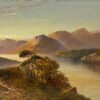 Antique Scottish Highlands Oil Painting Sunset Extensive Loch Landscape Scene
