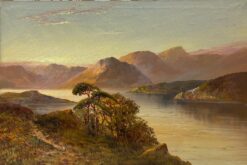 Antique Scottish Highlands Oil Painting Sunset Extensive Loch Landscape Scene