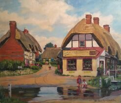 The English Village Kings Somborne, River Ford Hampshire - Oil Painting