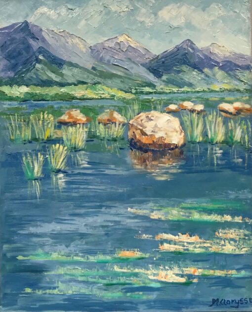 Bright & Colorful French Impressionist Oil Painting- lake to mountains