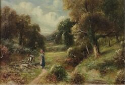 Fine Victorian Oil Painting Children Collecting Wood in Rural Lane, signed