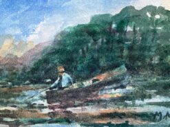 FRENCH IMPRESSIONIST SIGNED WATERCOLOUR - FISHERMAN IN TRANQUIL LAKE