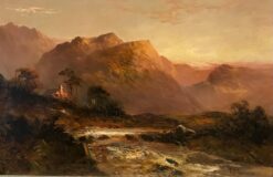 Antique Scottish Oil Painting Sunset Highland Glen with River Flowing through