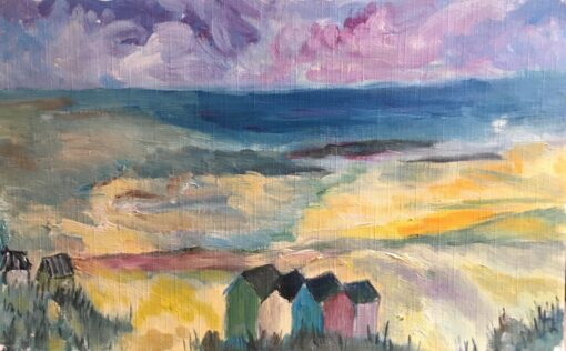 Beach Huts, Nautical Landscape, French Impressionist Original Oil Painting