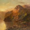 Antique Scottish Highlands Oil Painting Sunset Loch Landscape with Mountains