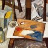 An Artists Tools Pallet and Easel Interior Scene French Oil