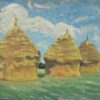 Haystacks in Field, 1930's French Impressionist Oil Painting