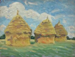 Haystacks in Field, 1930's French Impressionist Oil Painting