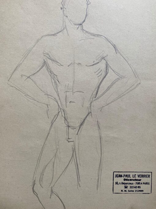 Mid 1900-1999 French Original Line Drawing sketch Nude Male - Stamped