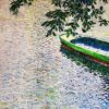 Huge French Impressionist Oil Painting Wooden Punt Boat Waterlily Pond in Rain