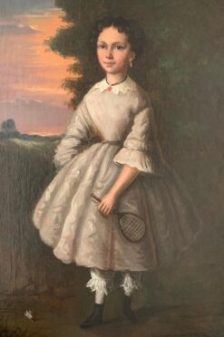 The Badminton Player 19th C. French Oil Painting Young Girl Racket & Shuttlecock