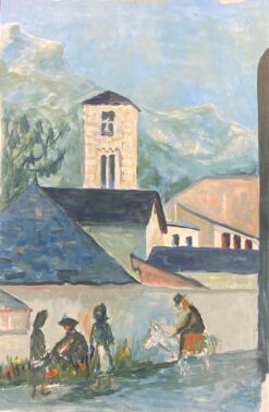 1950's Modernist Painting  -  Bright Blue Town Landscape With Horse And Figures