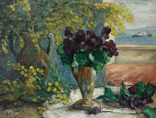 Mid 1900-1999 French Oil - Balcony over the Sea, Still Life with Flowers