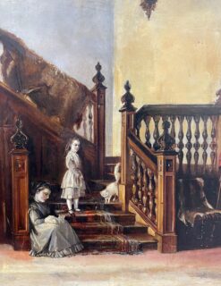 Fine 1800-1899 Interior Scene Baronial Hallway Children Playing on Staircase