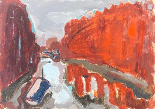 1900-1999 German Modernist Oil Painting Canal Town Scene Briight Colors