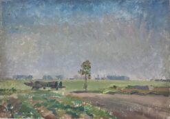 Mid Century British Oil Painting - WW2 Plane in Field - Spitfire?