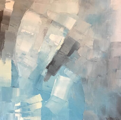 Square Abstract Cubist Style Portrai, Blue Colour Original Oil Painting, Signed