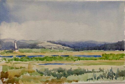 1900's English Impressionist Watercolor Painting Extravagant Green And blue