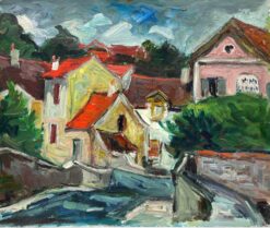 1950's French Fauvist Signed Oil Red Roof Tops Pink Houses Scene