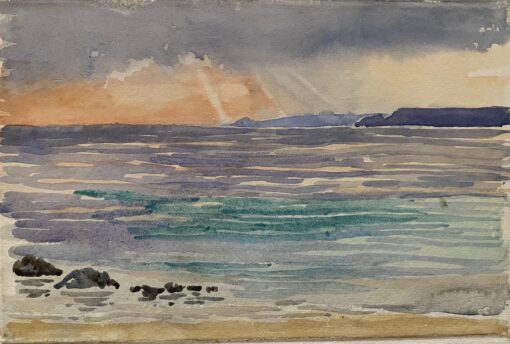1900's English Impressionist Watercolor Painting Beautiful Sunset Onto Blue Sea